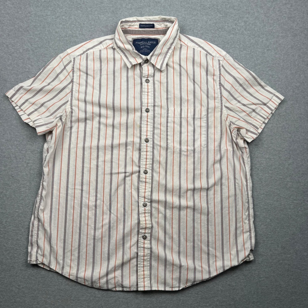 American Eagle Mens XXL Vintage Fit Short Sleeve Striped Button Down Shirt White